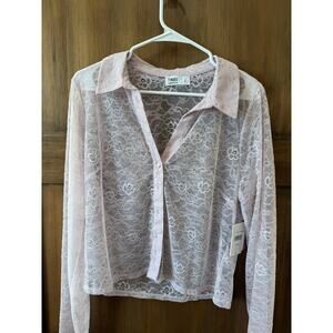 NWT Tinsel Women’s Pink Lace Sheer Long Sleeve Button Blouse Top Large Boho